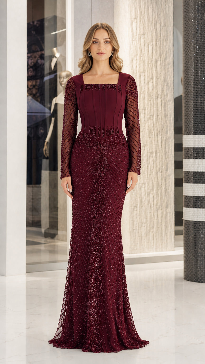 Front view of burgundy wine red beaded corset mermaid formal dress