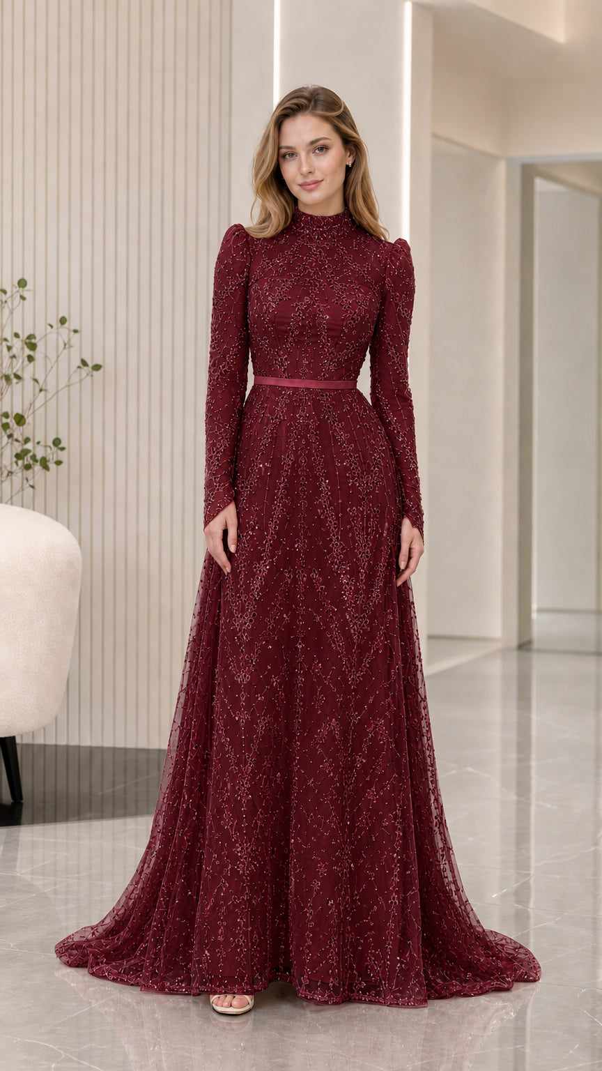 Burgundy wine red sequin long sleeve formal maxi gown front view