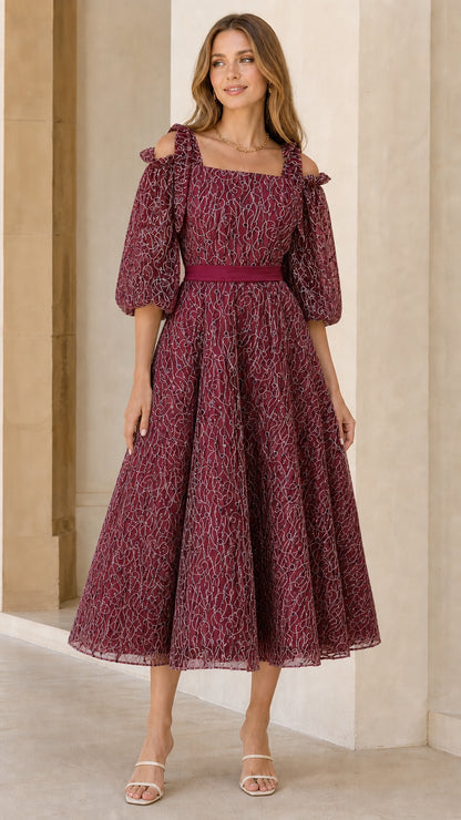Burgundy cold-shoulder lace formal midi dress