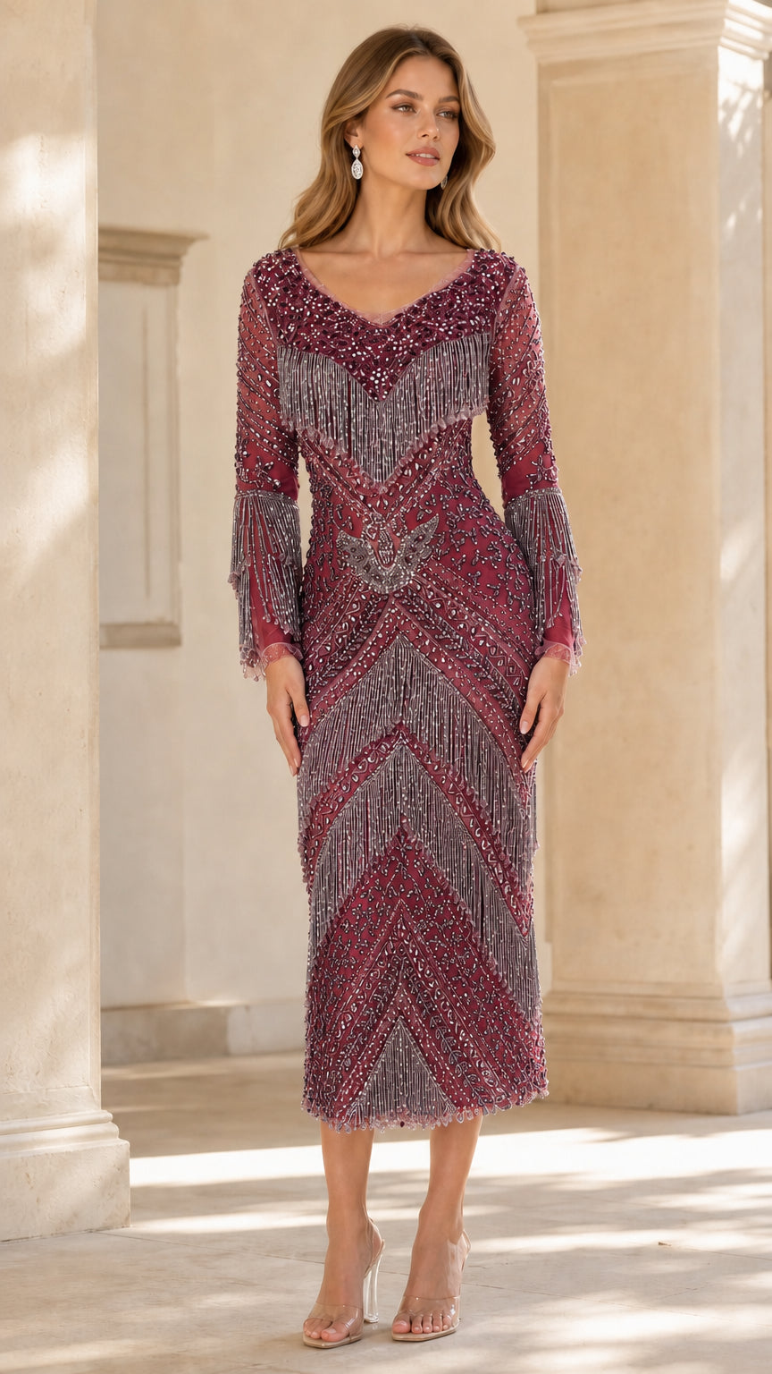 Front view of model wearing Burgundy wine beaded fringe midi cocktail dress
