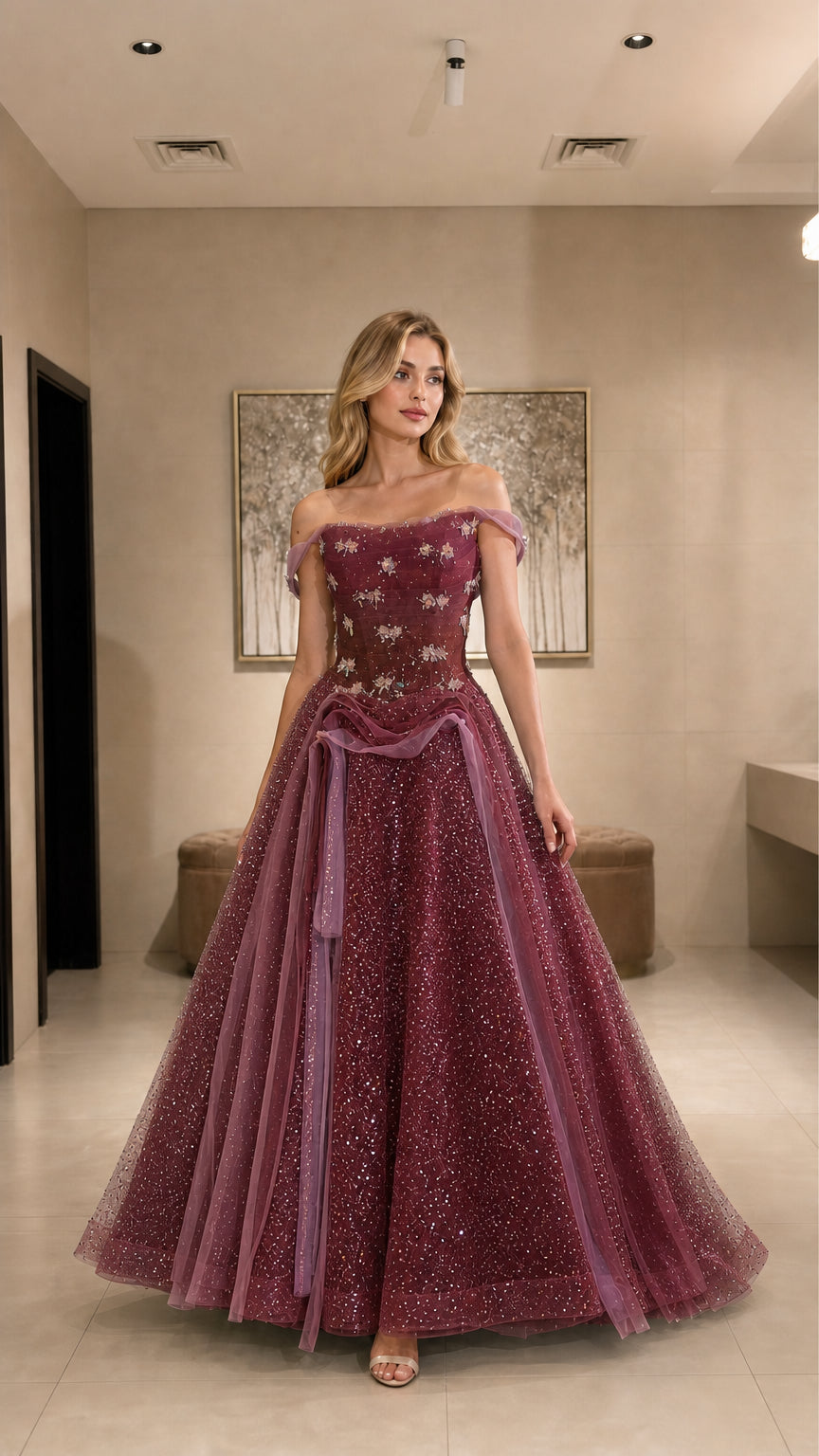 Model wearing burgundy wine glitter tulle evening gown with beaded bodice