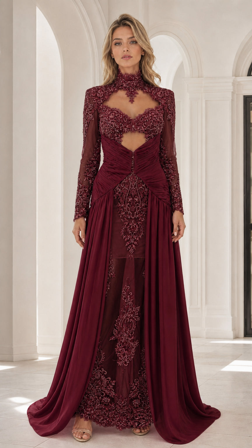 Front view of burgundy wine red beaded illusion evening dress with train