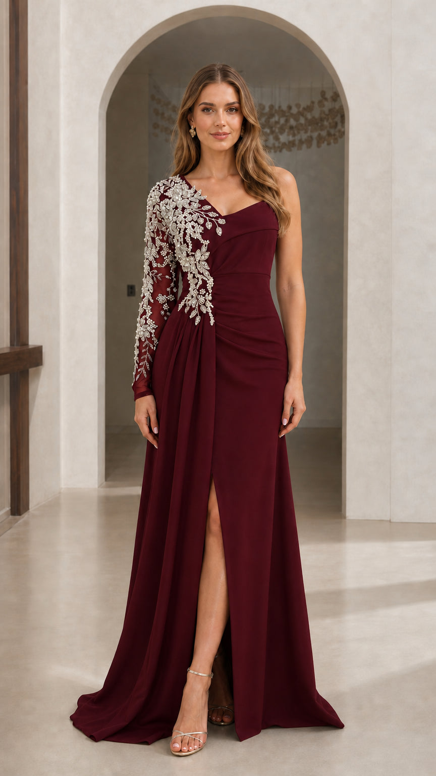 Burgundy wine red one-shoulder formal gown with beaded illusion sleeve