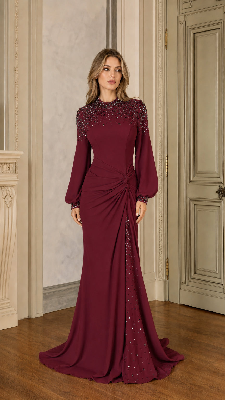 Burgundy wine red embellished long sleeve black-tie evening dress