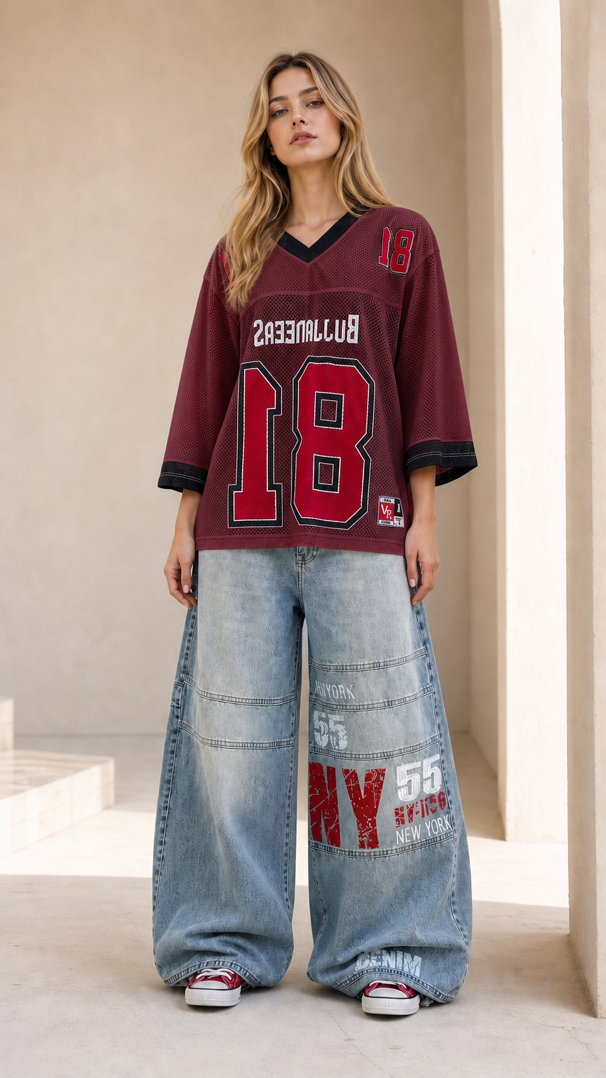 Full front view of burgundy maroon oversized number graphic mesh jersey