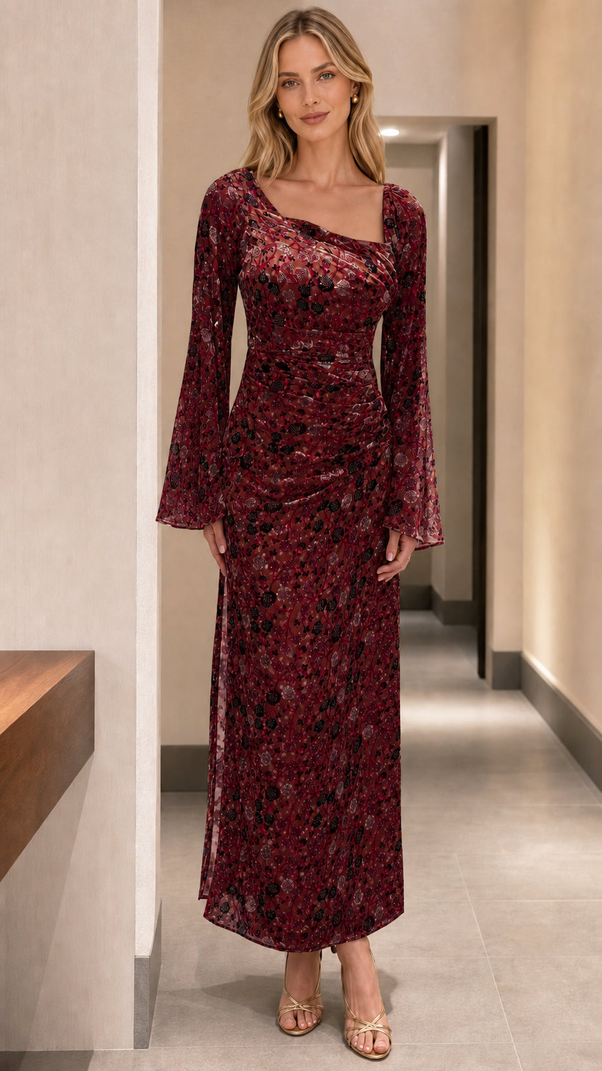 Burgundy wine floral ruched long sleeve maxi dress front view