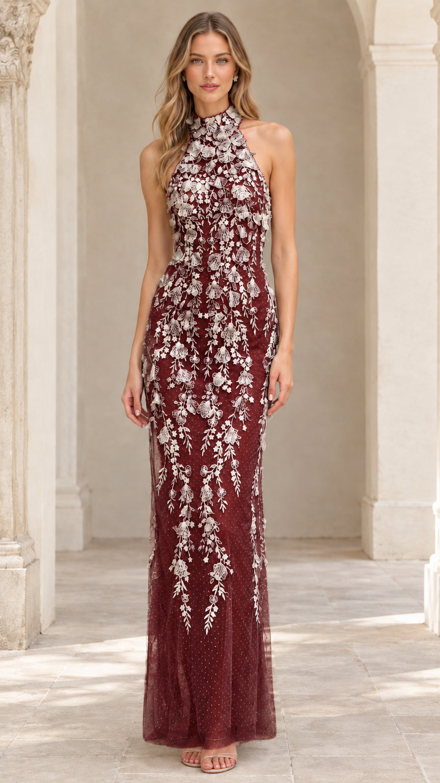 Model wearing Burgundy floral applique halter maxi evening dress