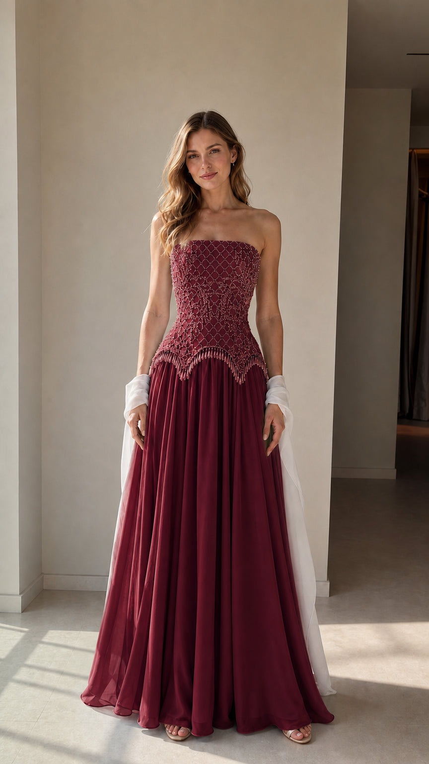 Model wearing burgundy wine red strapless beaded corset evening gown with shawl