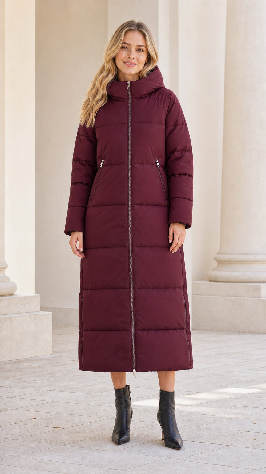 Front full-length view of model wearing burgundy wine-colored maxi puffer coat