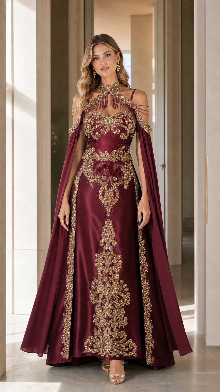 Burgundy wine formal evening dress with gold embellished bodice and cape