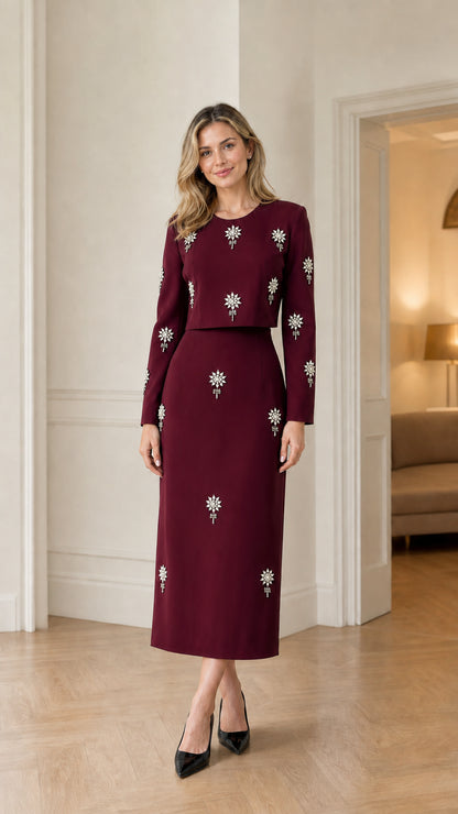 Burgundy wine long sleeve embellished formal dress front view