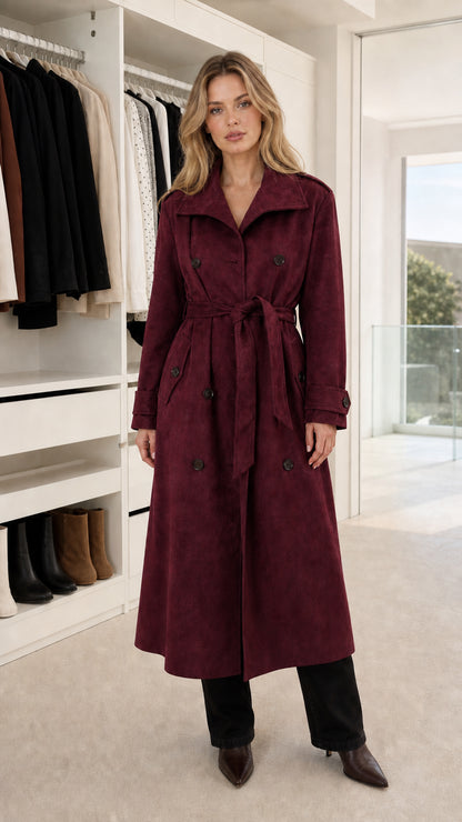 Front view of model wearing burgundy wine red faux suede belted long trench coat