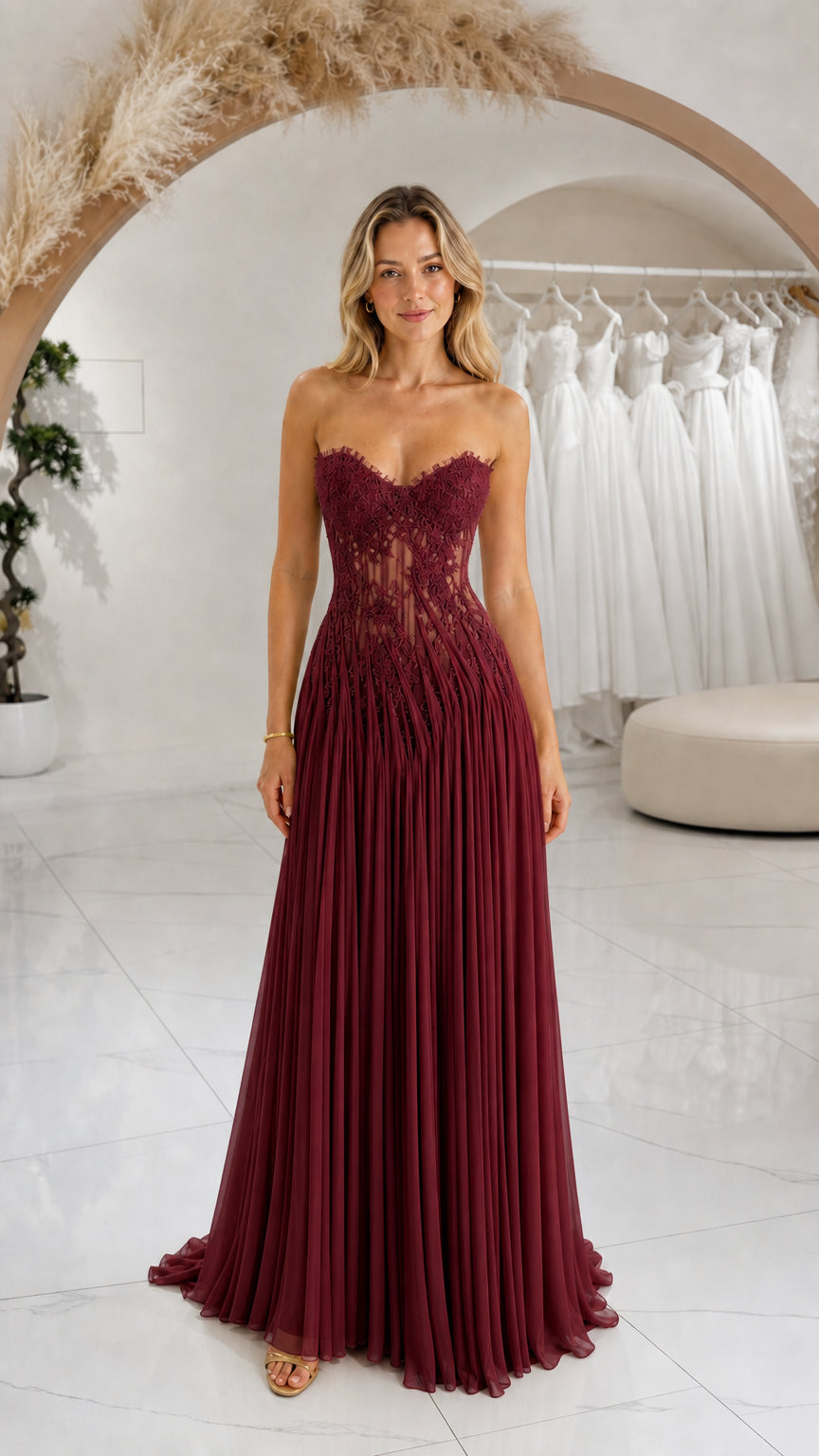 Front view of burgundy strapless sweetheart embroidered pleated evening gown