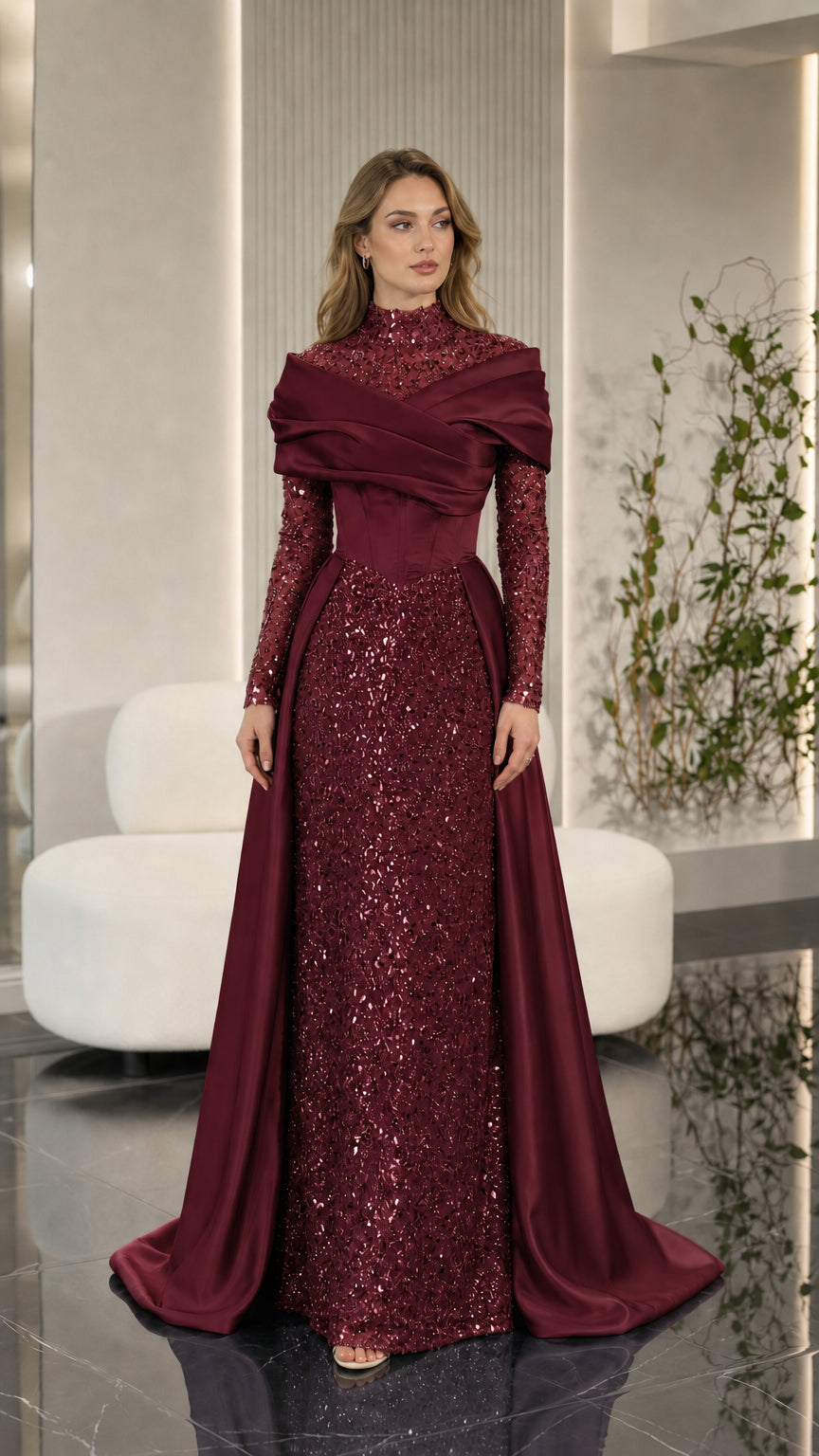 Burgundy wine red long sleeve sequin evening gown with satin overskirt