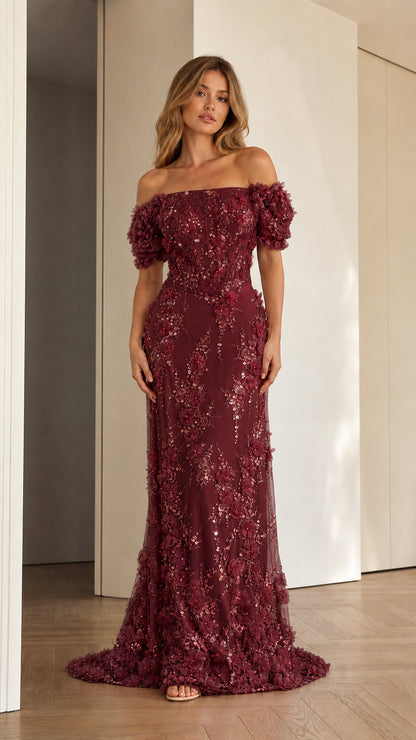 Burgundy off-the-shoulder 3D floral sequin evening gown