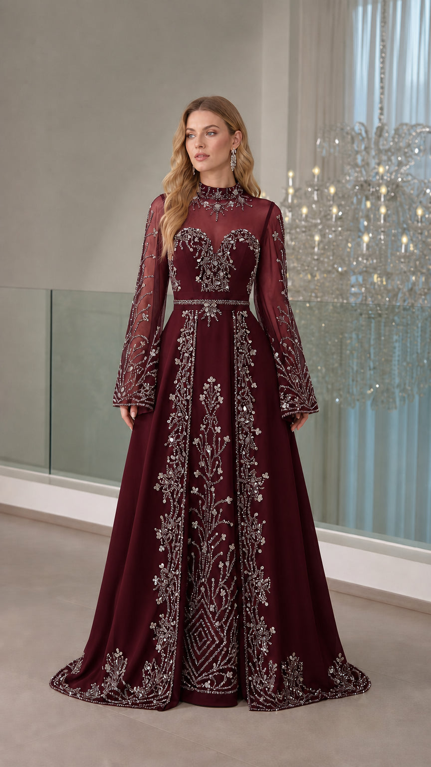 Burgundy wine red embellished evening dress with long flare sleeves