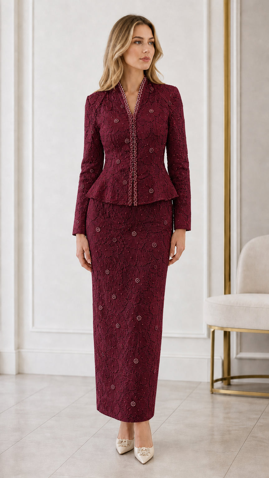 Full front view of burgundy wine embroidered peplum skirt suit