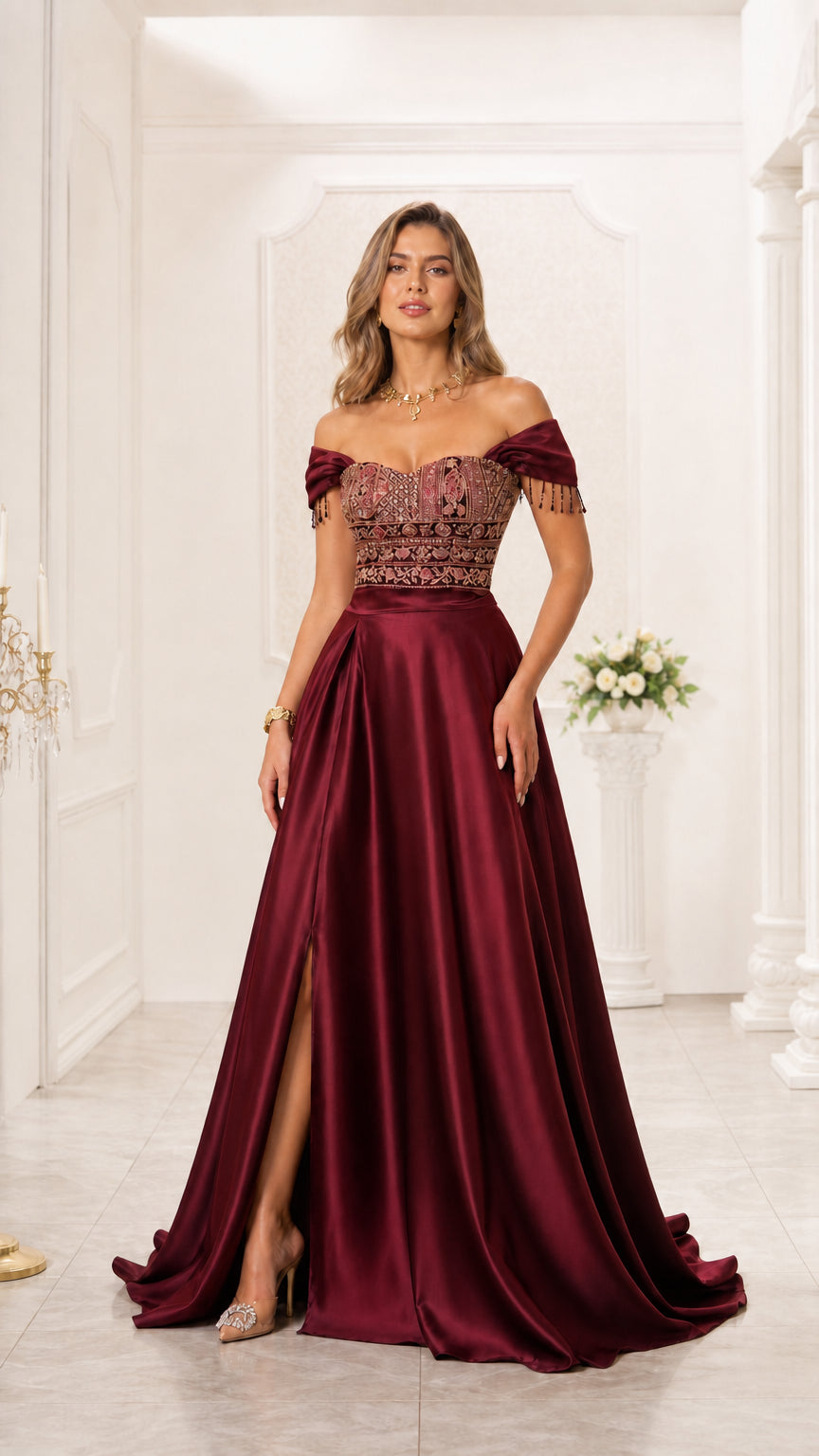 Model wearing burgundy red off-the-shoulder embroidered bodice satin evening gown with slit