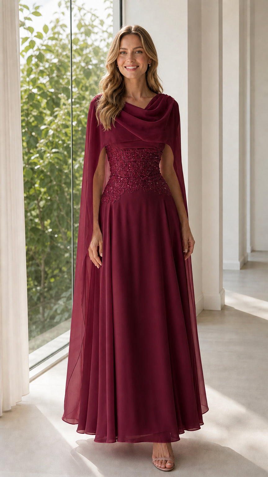 Front view of burgundy red chiffon cape evening gown with embroidered waist detail