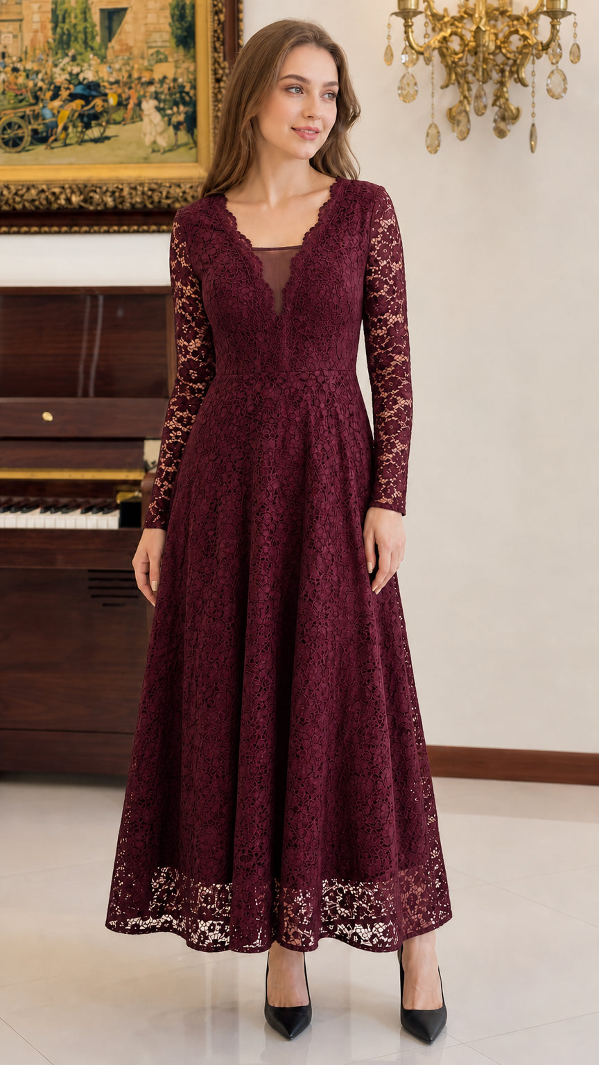 Front view of woman wearing burgundy wine red floral lace long sleeve maxi dress