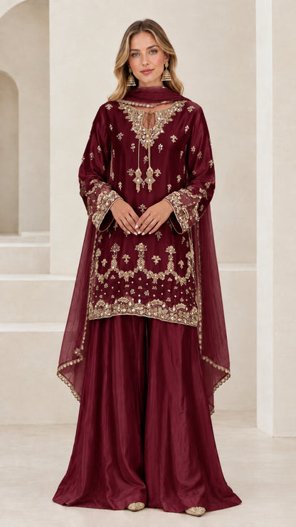Deep maroon wine 3-piece embroidered festive sharara suit set