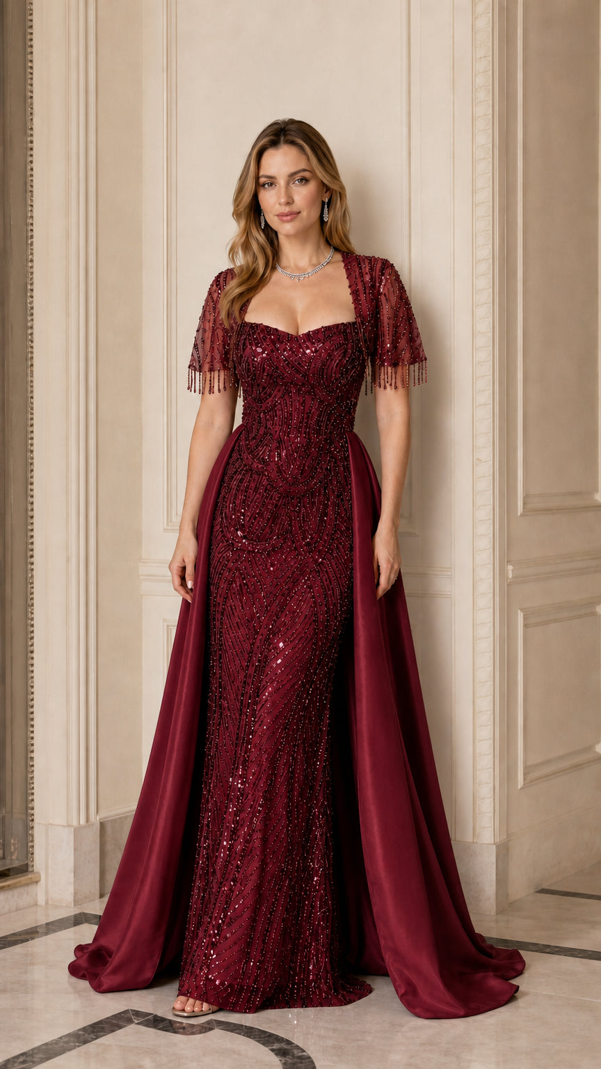 Burgundy wine red sequined formal gala dress with draped satin train