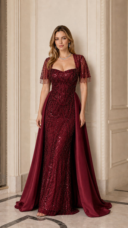 Burgundy wine red sequined formal gala dress with draped satin train