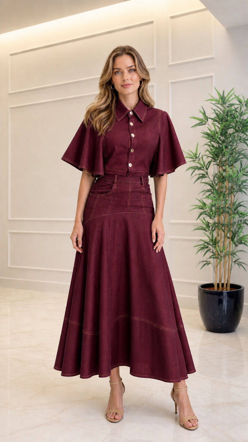 Full-length view of burgundy red collared flutter sleeve A-line maxi dress