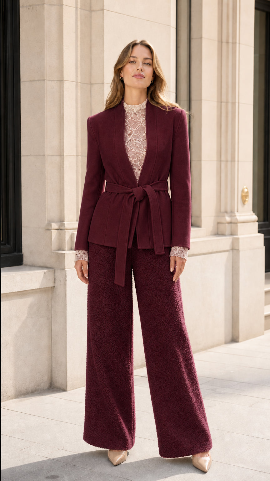 Front view of model wearing the tailored two-piece suit set in Burgundy