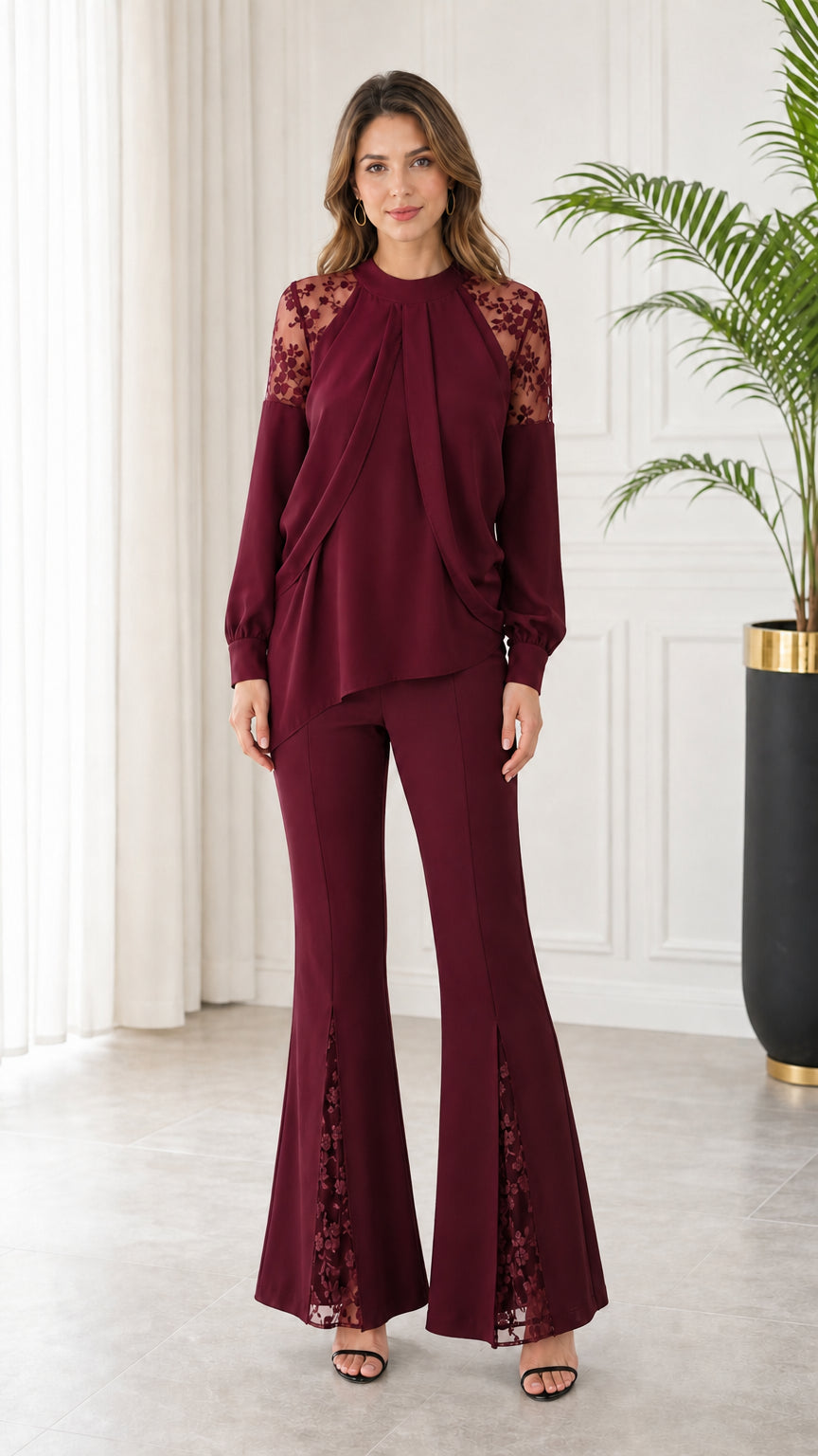 Front full-length view of rich burgundy wine lace patchwork top and flare trousers set