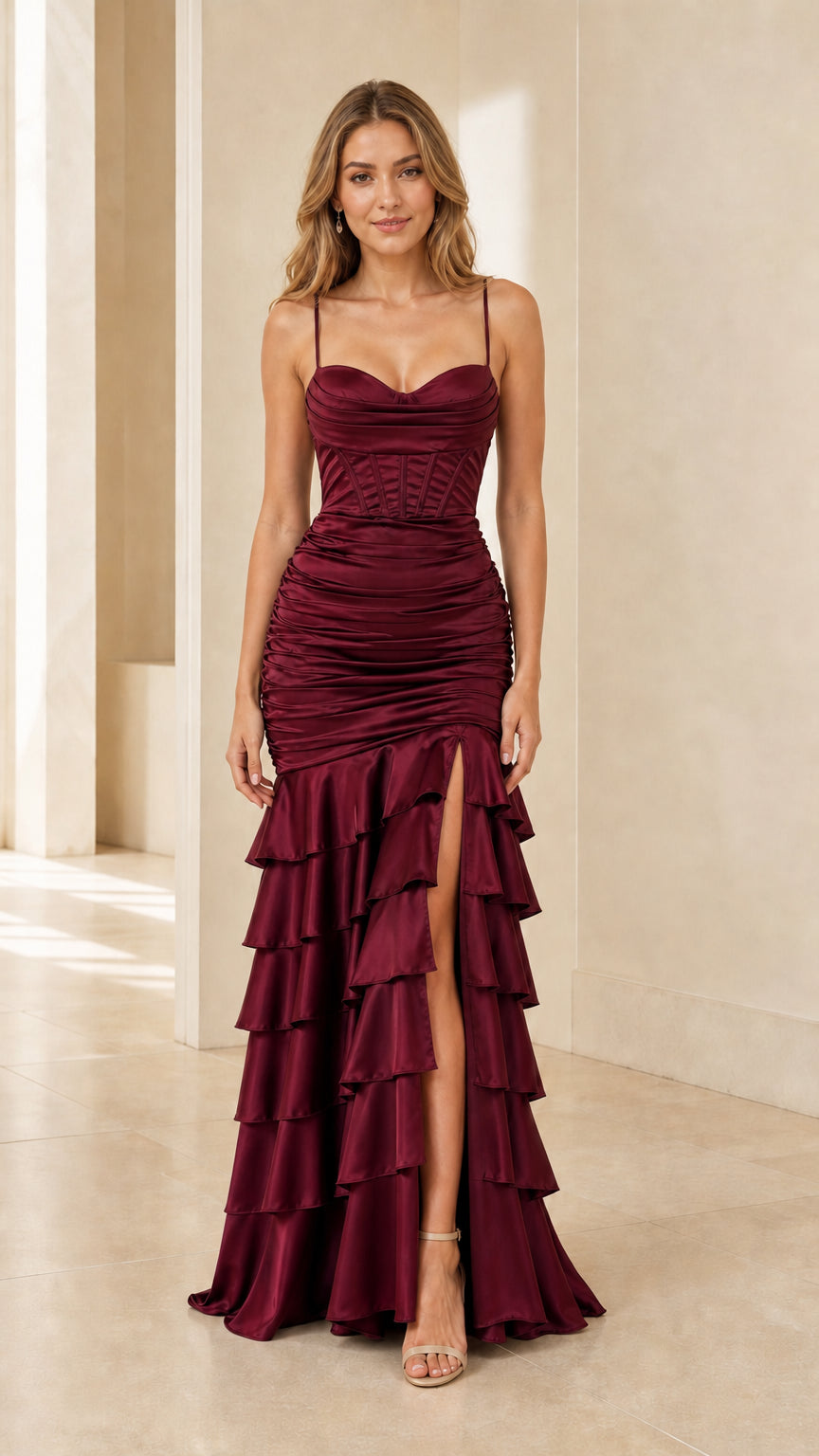 Burgundy red satin corset gown with ruched hip and tiered slit