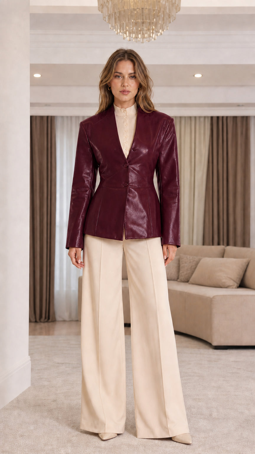 Front view of model wearing Burgundy wine faux leather blazer