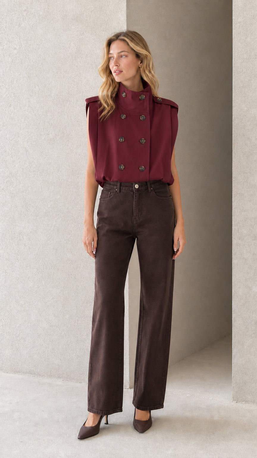 Model wearing burgundy wine red sleeveless double-breasted stand collar top
