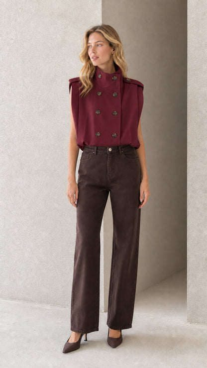 Model wearing burgundy wine red sleeveless double-breasted stand collar top