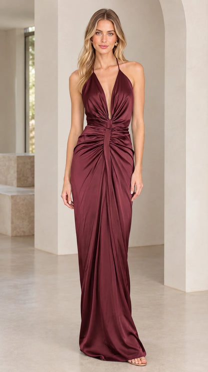 Front view of burgundy wine satin halter backless gown