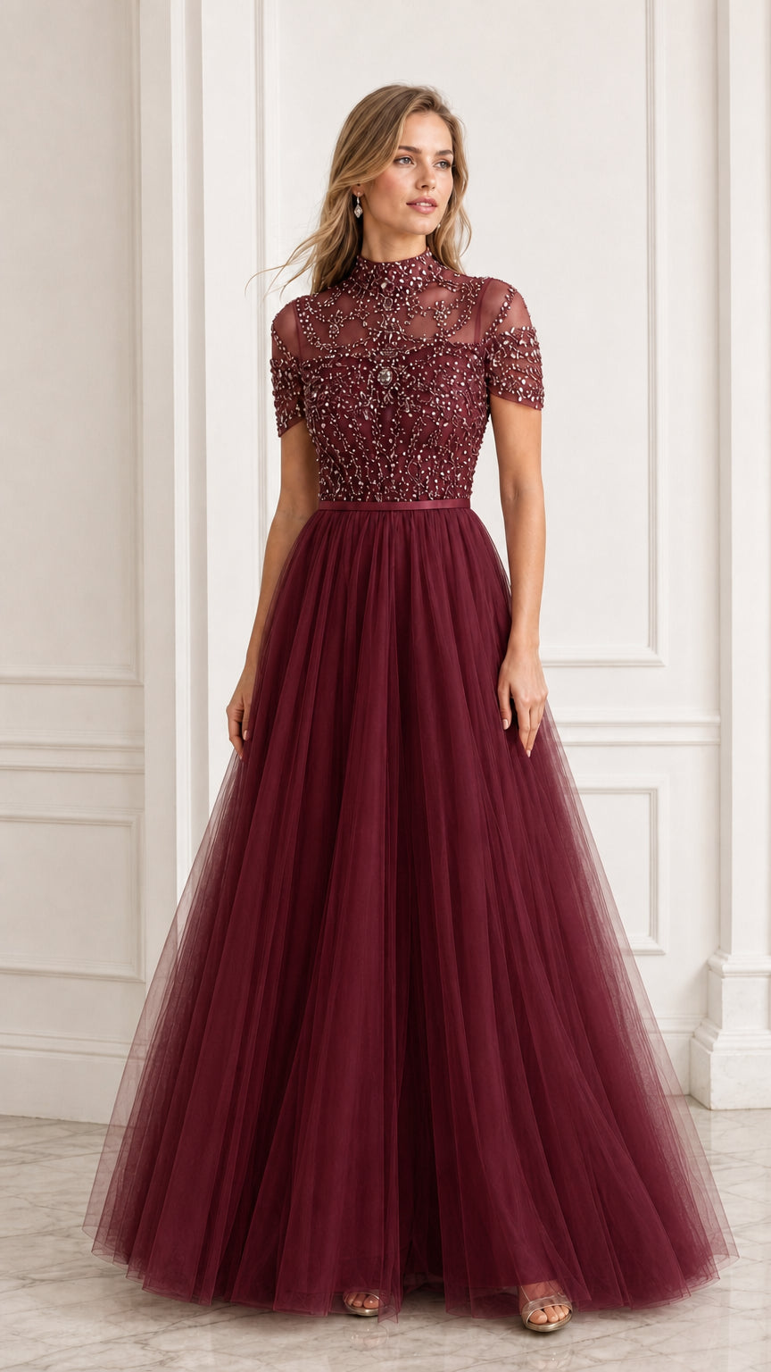 Burgundy wine beaded mock neck tulle formal maxi dress