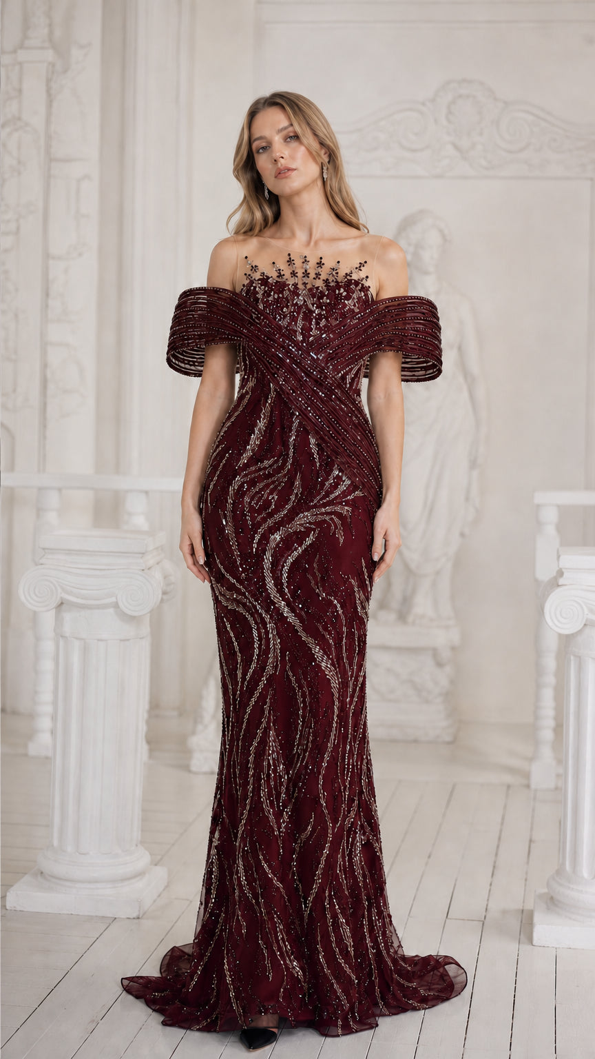 Front view of burgundy red sequined floor-length evening dress