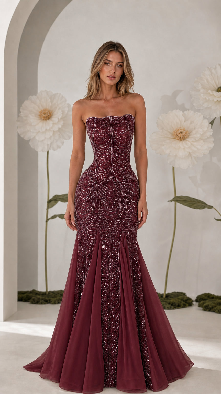 Front view of strapless burgundy wine red beaded mermaid gown