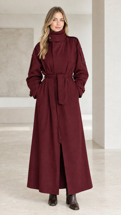 Front view of burgundy wine red maxi belted trench coat