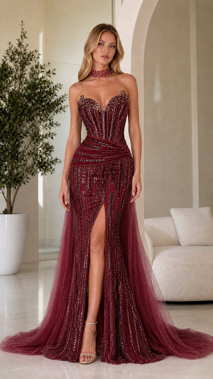 Front view of burgundy wine sequin embellished evening dress with slit