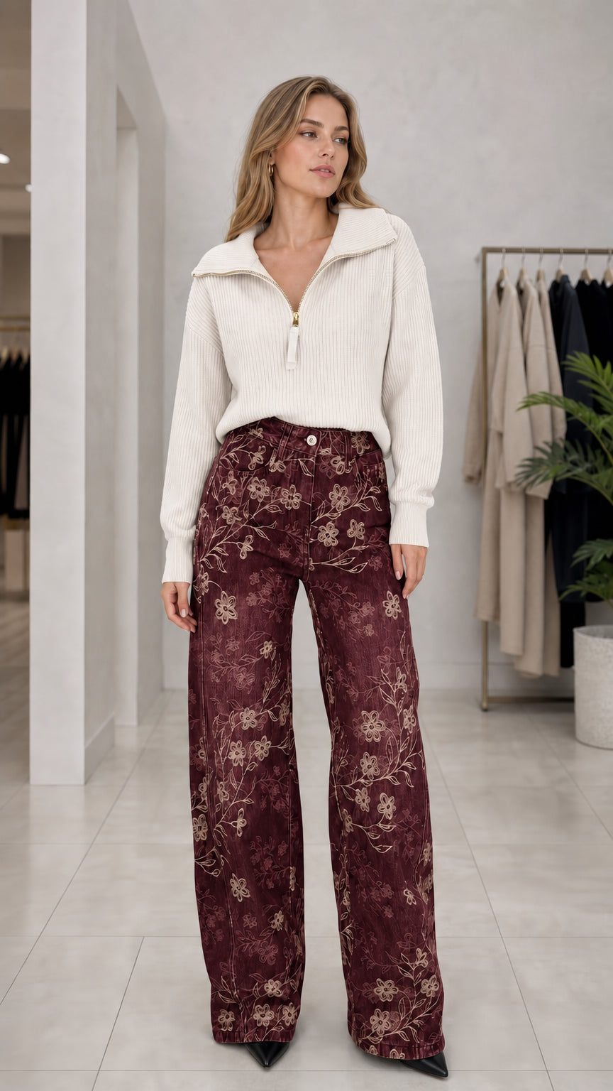 Full front view of Burgundy floral embroidered high waisted wide leg pants