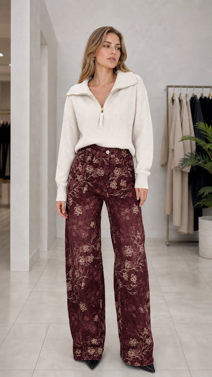 Full front view of Burgundy floral embroidered high waisted wide leg pants