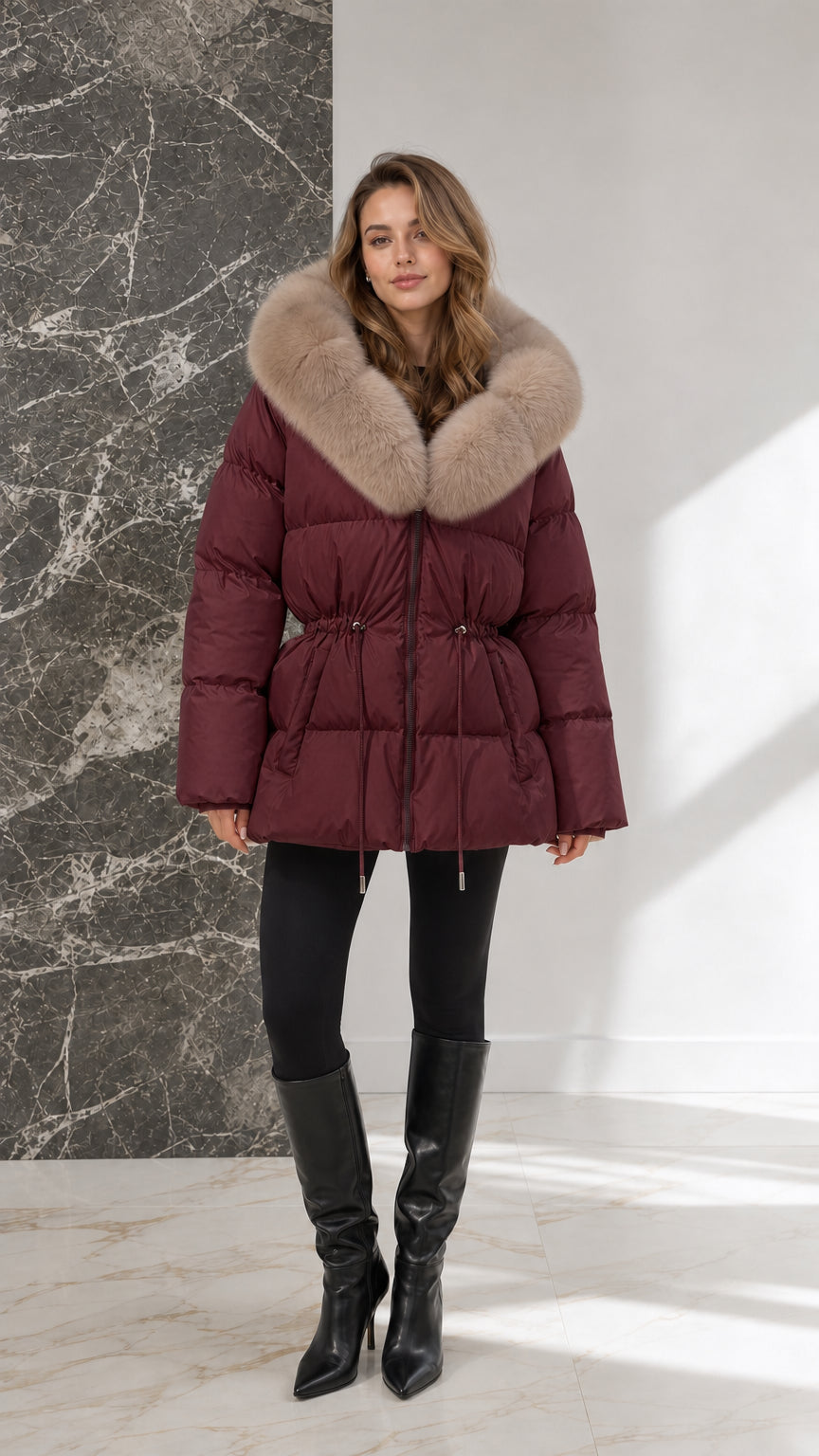 Full-body view of model wearing burgundy wine-red quilted puffer coat with fur trim