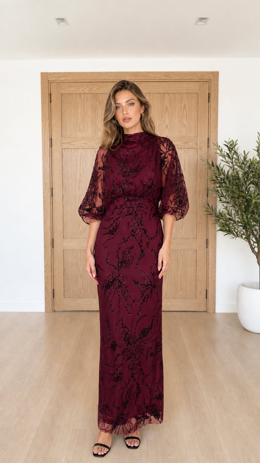 Burgundy red embroidered mesh evening maxi dress
