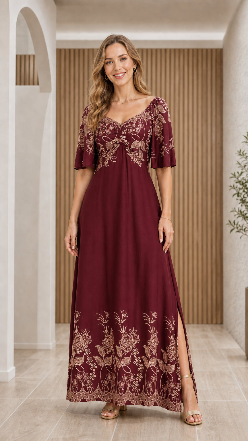 Front view of woman wearing Burgundy wine red floral embroidered maxi dress