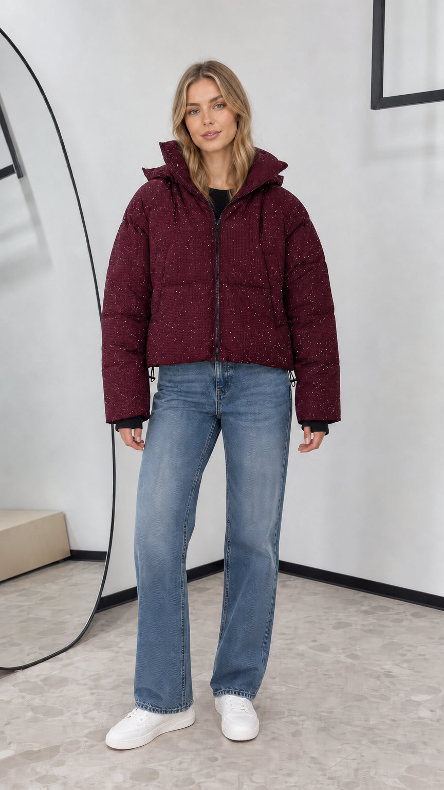 Full front view of burgundy wine shimmer cropped puffer coat