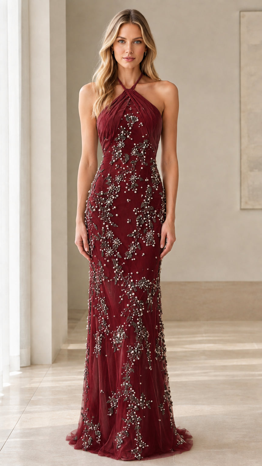 Model wearing Burgundy red pearl embellished evening maxi gown