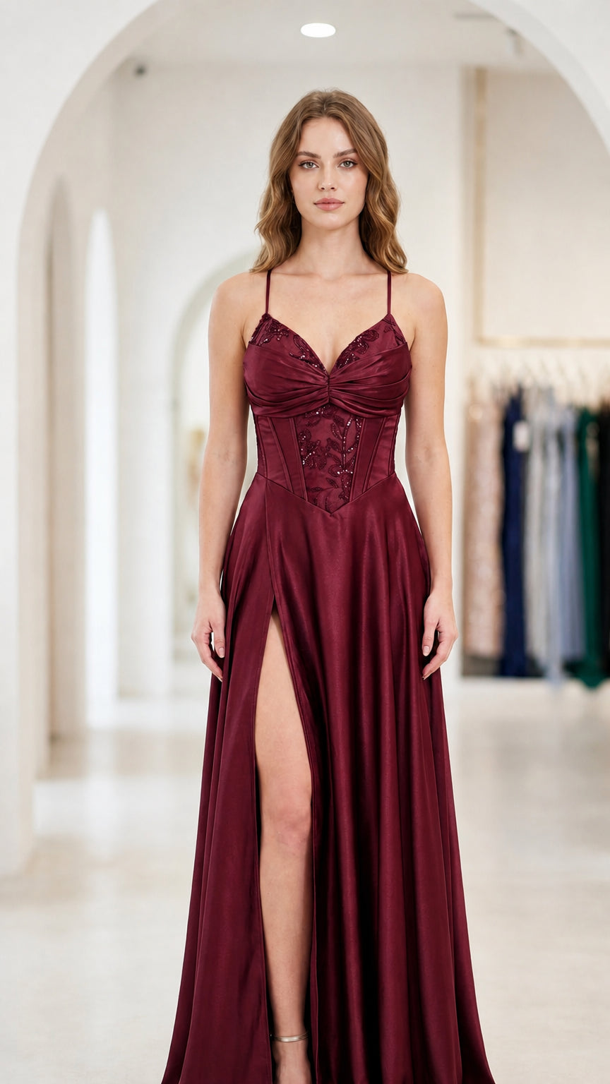 Front full-length view of burgundy red satin corset evening gown with leg slit