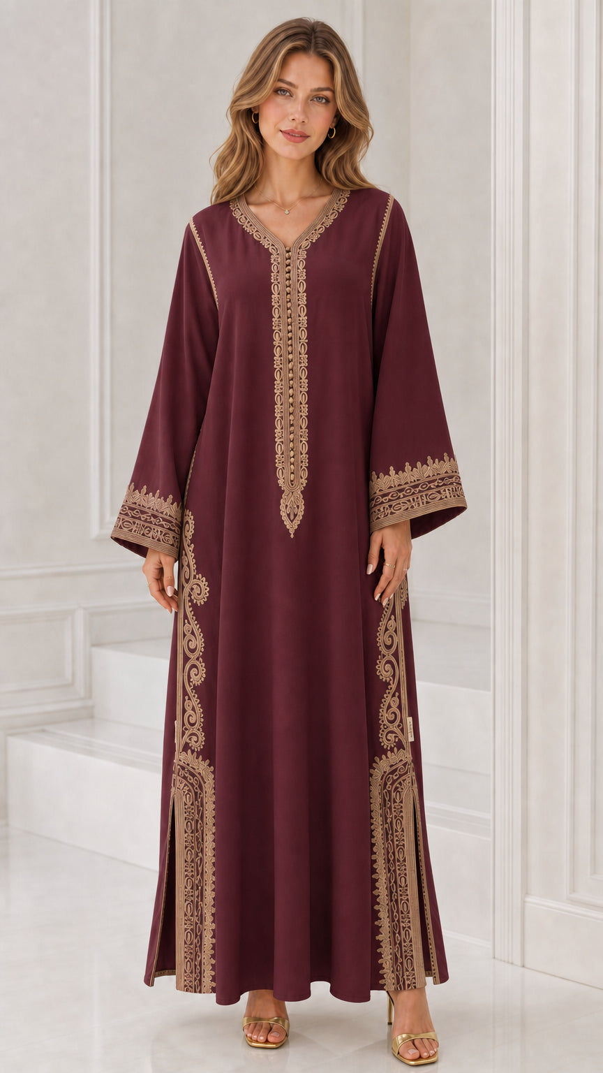 Front full view of woman wearing burgundy wine kaftan dress with gold embroidery