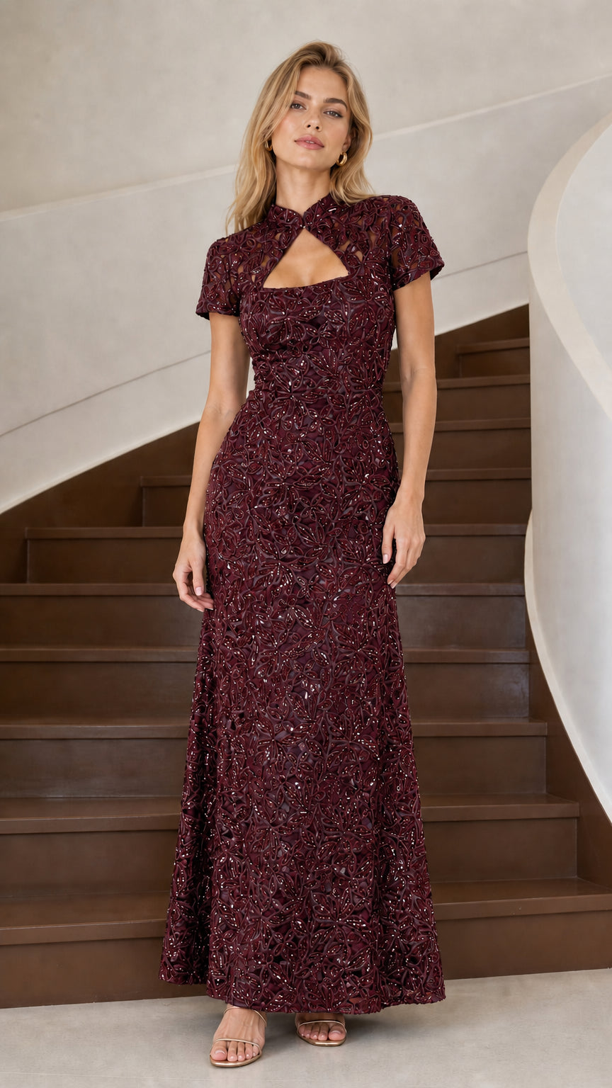 Burgundy wine red beaded lace formal maxi gown front view